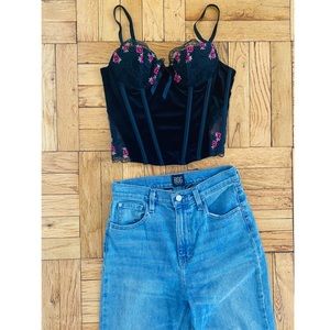 Black Velvet & Lace Bustier w/ Embroidered Flowers